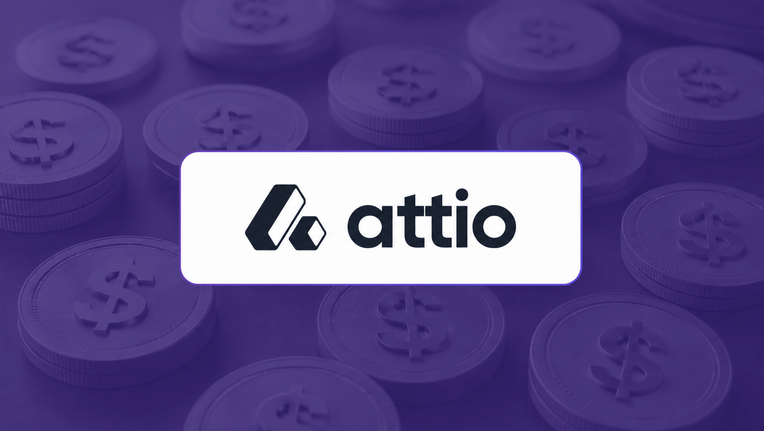 Attio pricing banner with centered logo over purple dollar coin background and dark overlay.